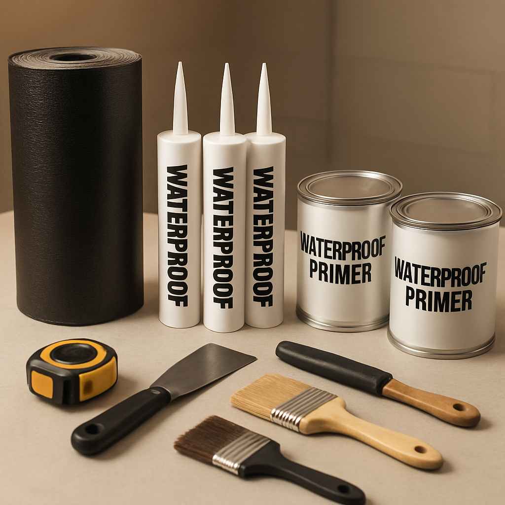 Professional waterproofing materials and tools laid out ready for a job