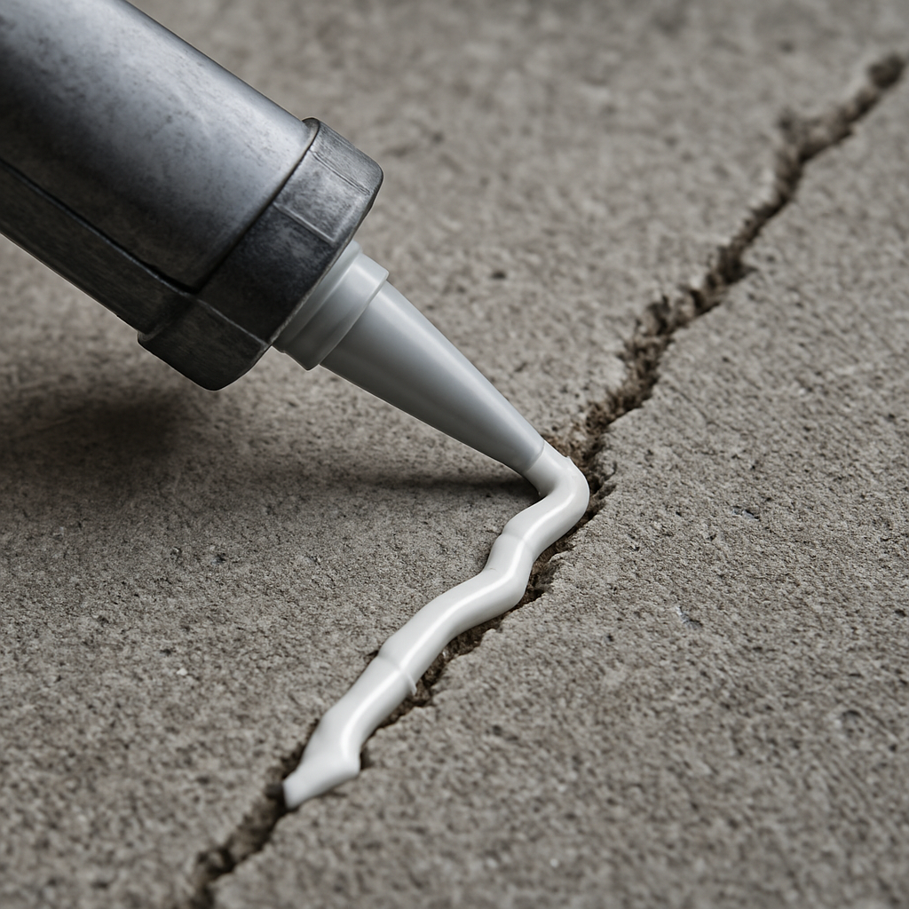 Close-up of professional crack injection and joint sealing on concrete