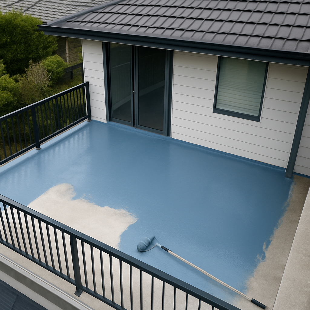 Liquid waterproof membrane coating applied to a residential balcony deck