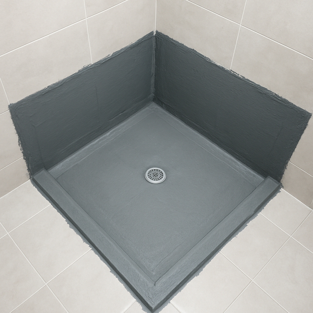 Waterproof membrane applied to bathroom shower walls and floor junction